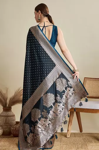 teal satin printed saree with blouse