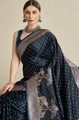 teal satin printed saree with blouse