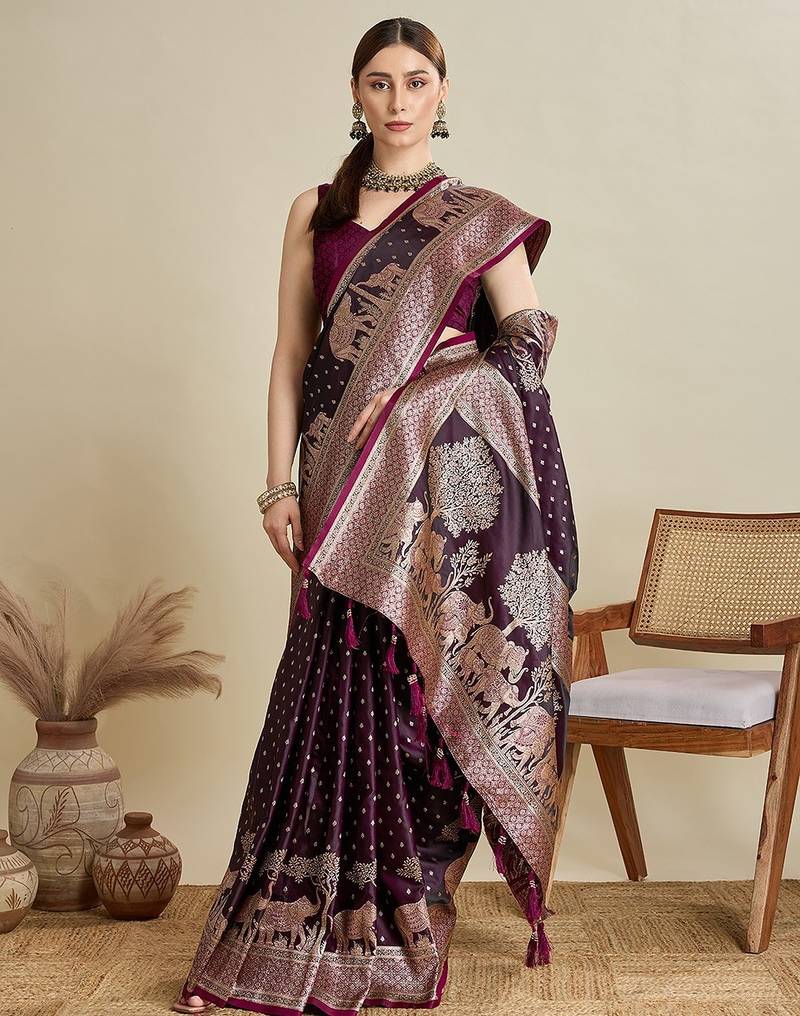 wine satin printed saree with blouse