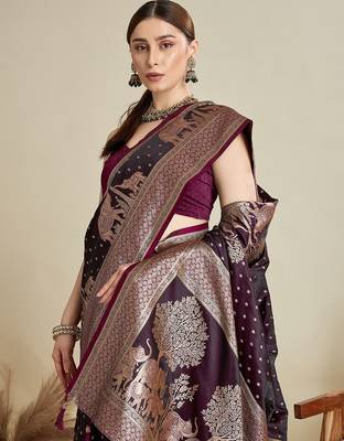 wine satin printed saree with blouse 2
