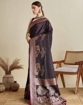 wine satin printed saree with blouse 4