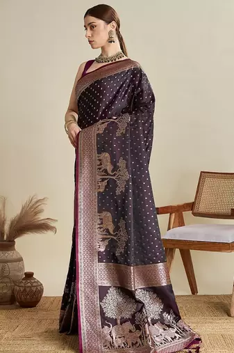 wine satin printed saree with blouse