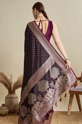 wine satin printed saree with blouse
