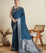 blue satin printed saree with blouse