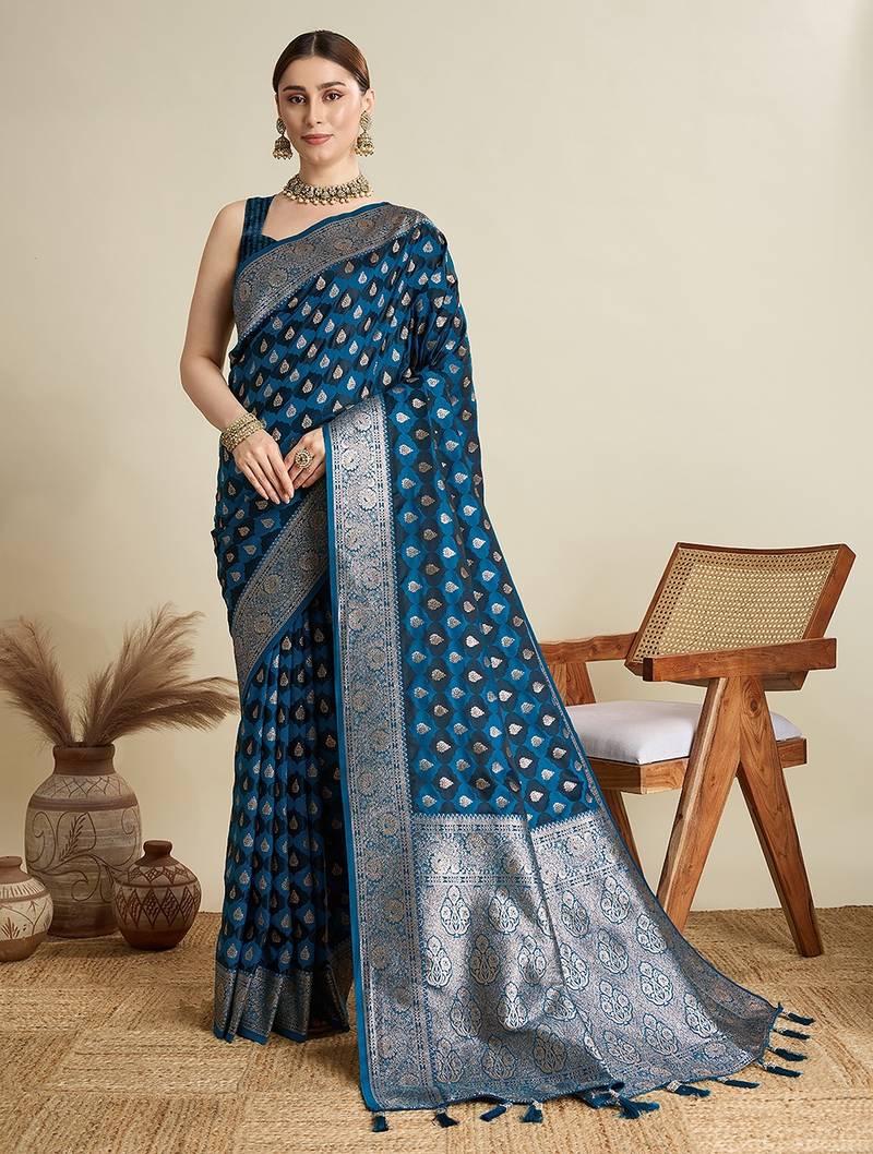 blue satin printed saree with blouse