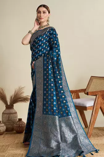 blue satin printed saree with blouse