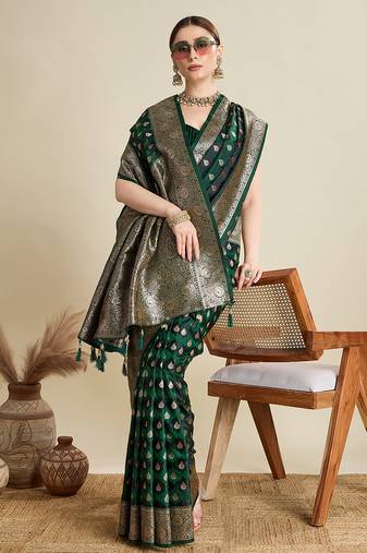 green satin printed saree with blouse
