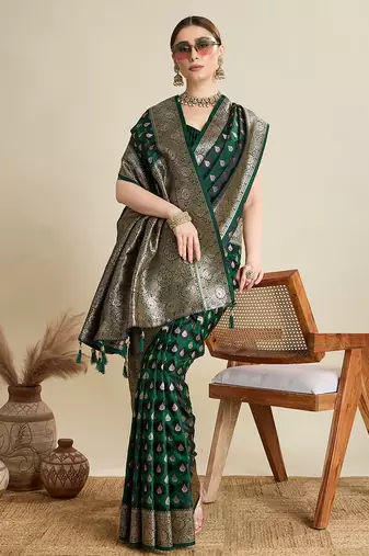 green satin printed saree with blouse