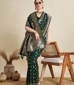 green satin printed saree with blouse