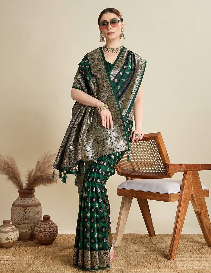 green satin printed saree with blouse