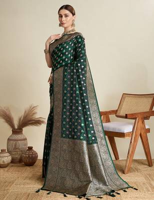 green satin printed saree with blouse 4