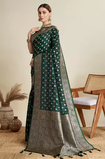 green satin printed saree with blouse