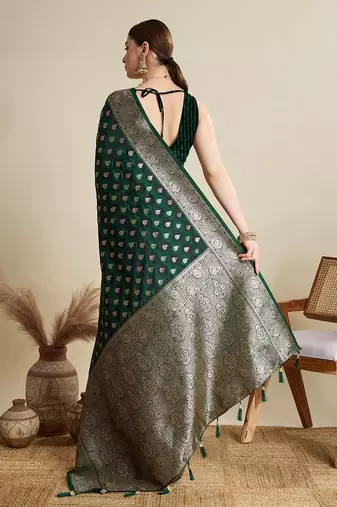 green satin printed saree with blouse
