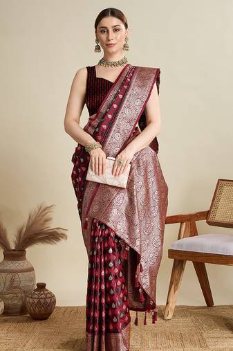 maroon satin printed saree with blouse