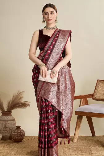 maroon satin printed saree with blouse