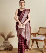 maroon satin printed saree with blouse