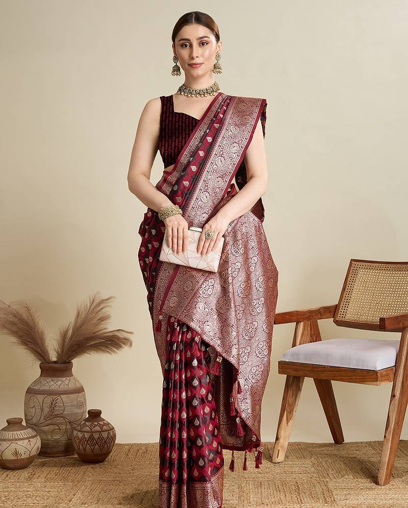 maroon satin printed saree with blouse