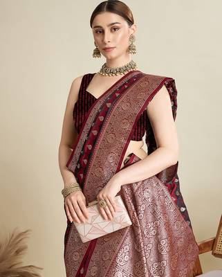 maroon satin printed saree with blouse 2