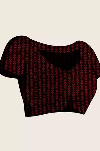 maroon satin printed saree with blouse