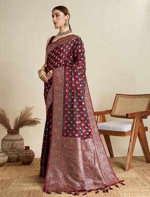 maroon satin printed saree with blouse 4