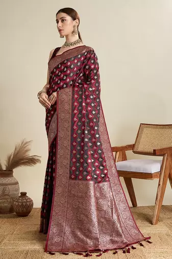 maroon satin printed saree with blouse