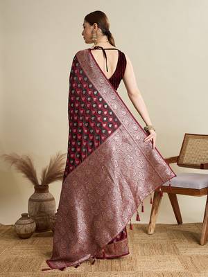 maroon satin printed saree with blouse 5