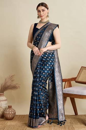 navy blue satin printed saree with blouse
