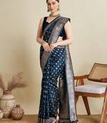 navy blue satin printed saree with blouse