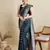 navy blue satin printed saree with blouse