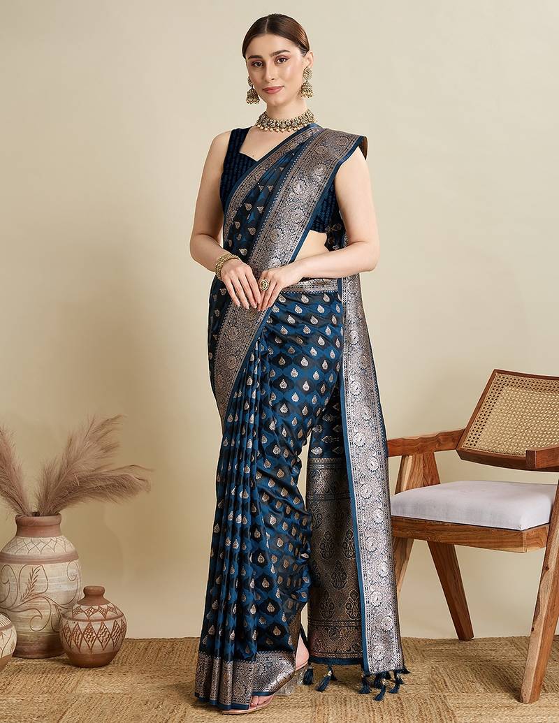 navy blue satin printed saree with blouse