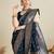 navy blue satin printed saree with blouse