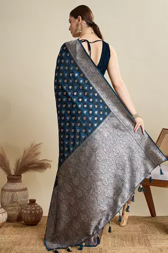 navy blue satin printed saree with blouse