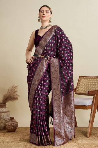 purple satin printed saree with blouse