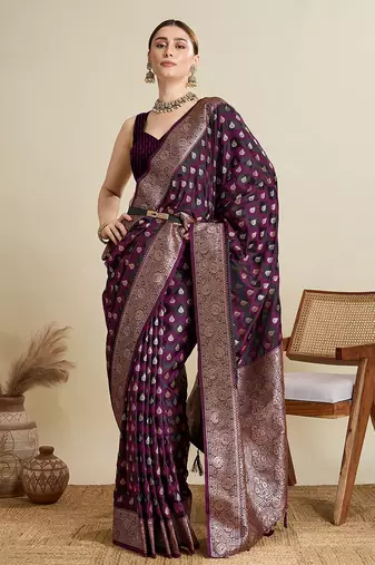 purple satin printed saree with blouse
