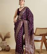 purple satin printed saree with blouse