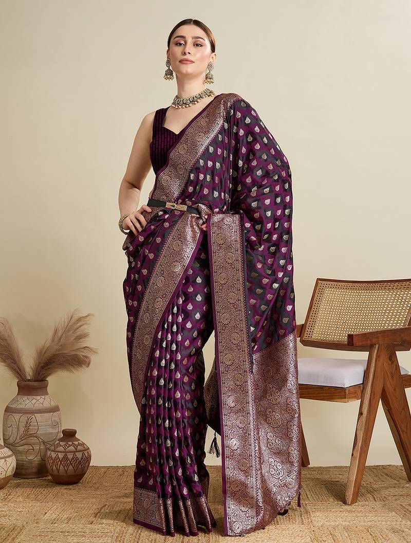purple satin printed saree with blouse