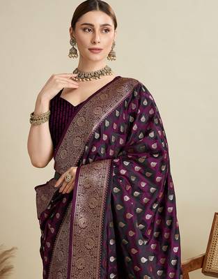 purple satin printed saree with blouse 2