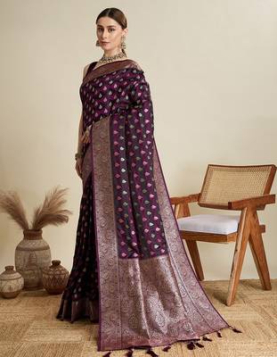 purple satin printed saree with blouse 4