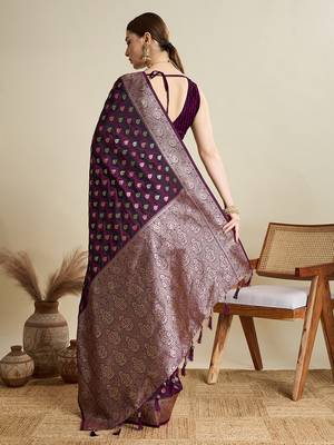 purple satin printed saree with blouse 5