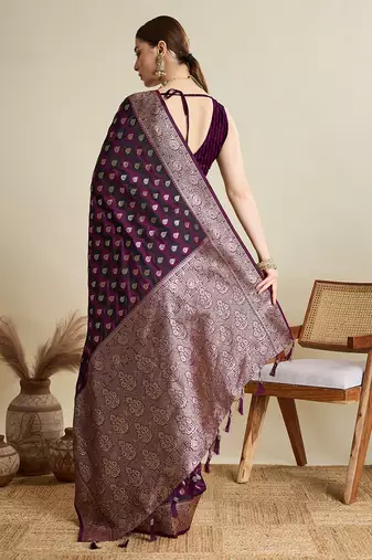 purple satin printed saree with blouse