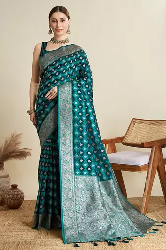 teal satin printed saree with blouse