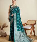 teal satin printed saree with blouse