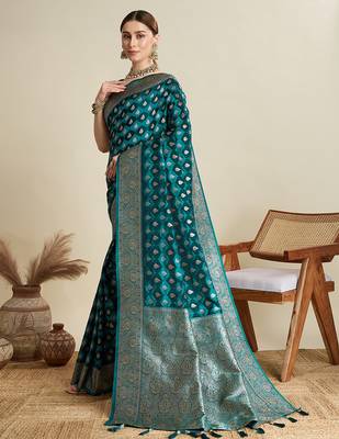 teal satin printed saree with blouse 2