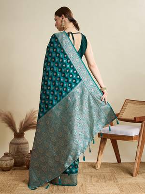 teal satin printed saree with blouse 3