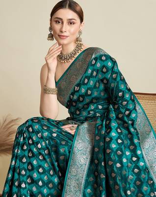 teal satin printed saree with blouse 4