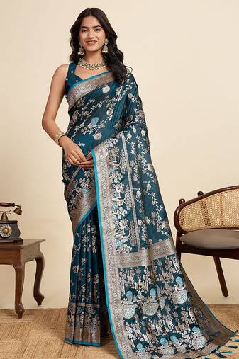 blue satin printed saree with blouse