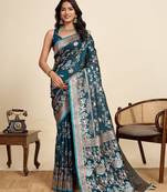 blue satin printed saree with blouse