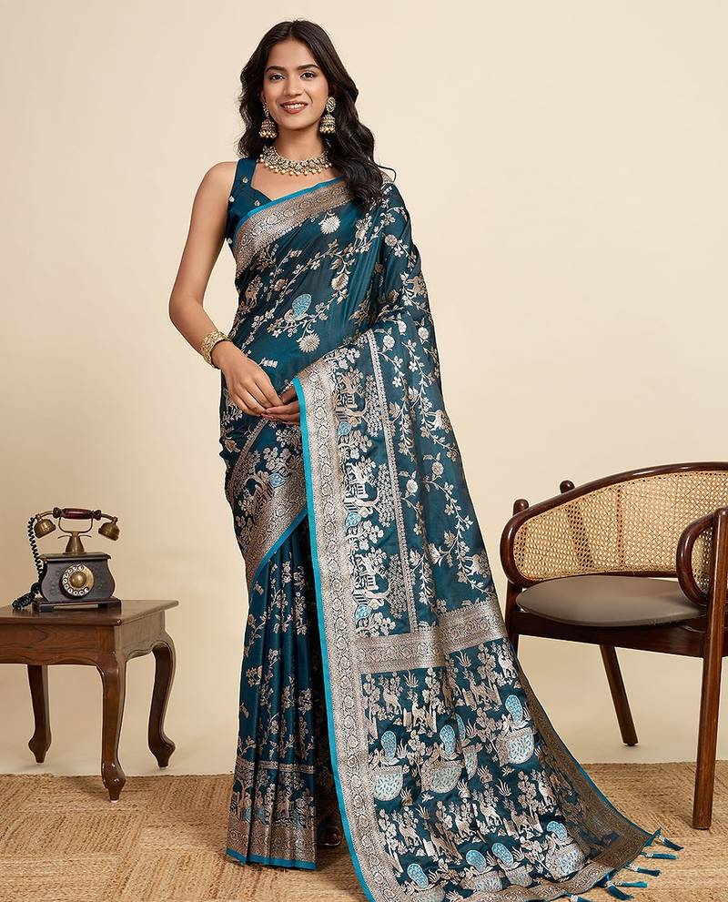 blue satin printed saree with blouse