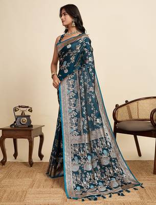 blue satin printed saree with blouse 2