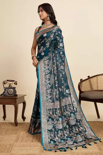 blue satin printed saree with blouse